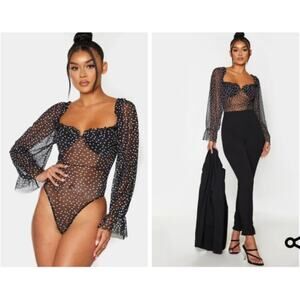 PrettyLittleThing Black Mesh Polka Dot Milkmaid Bodysuit - UK 6 / US 2